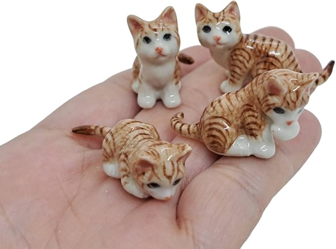 WitnyStore Tiny 1⅝" Long Brown White Tabby Shorthair Cat Crouching Figurine - Miniature Hand Made Painted Ceramic Cats Kitten Feline Animal Cute Porcelain Decorative Collectible Figures Décor Gifts