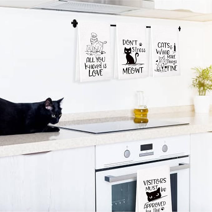 Vansolinne Funny Cat Kitchen Towels Decorative Waffle Tea Towels Absorbent Dish Towels Set of 4 - Fun Hostess Kitchen Decor, Cat Kitchen Collection, Housewarming Presents
