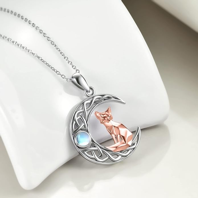 925 Sterling Silver Celtic Crescent Moon Animal Necklace for Women Fox/Black Cat/Hummingbird Crystal/Abalone Shell Pendant Jewelry Gift for Mom Daughter