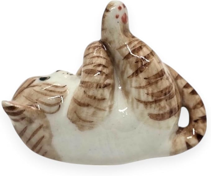WitnyStore Tiny 1¾" Long White Brown Tabby Shorthair Cat Lying Leg Up Figurine - Miniature Hand Made Painted Ceramic Cats Kitten Feline Animals Cute Porcelain Decorative Collectible Figure Décor Gifts