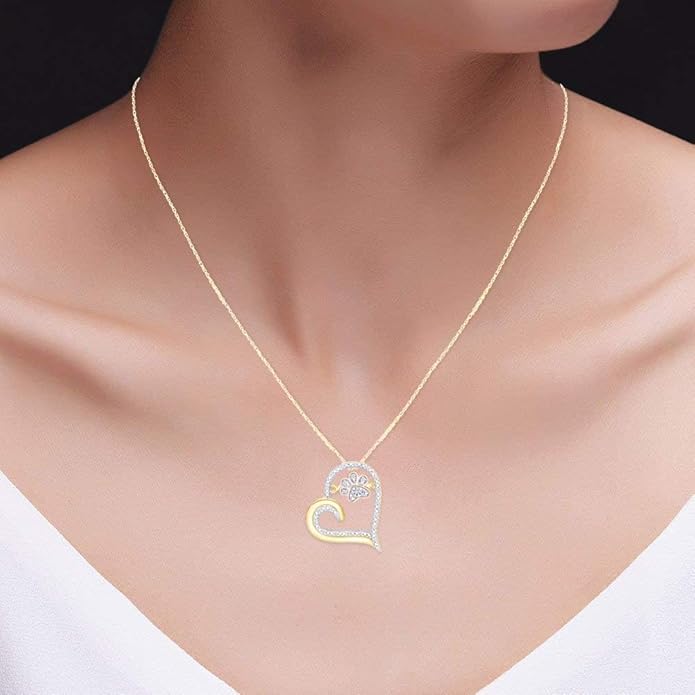 AFFY Paw Print Dog Cat Heart Pendant Necklace, 925 Sterling Silver & 10K Solid Gold Natural Diamond, Two Tone Heart Necklace for Pet Lovers, Elegant Silver Gift for Her