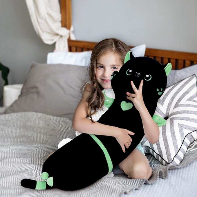 Long Plush Toy Cat Pillow Cute Plush Cat Toy Doll Stuffed Animal Cat Hugging Pillow for Sleeping Gift for Kids and Girls(Black&Green,110cm/43.3in)