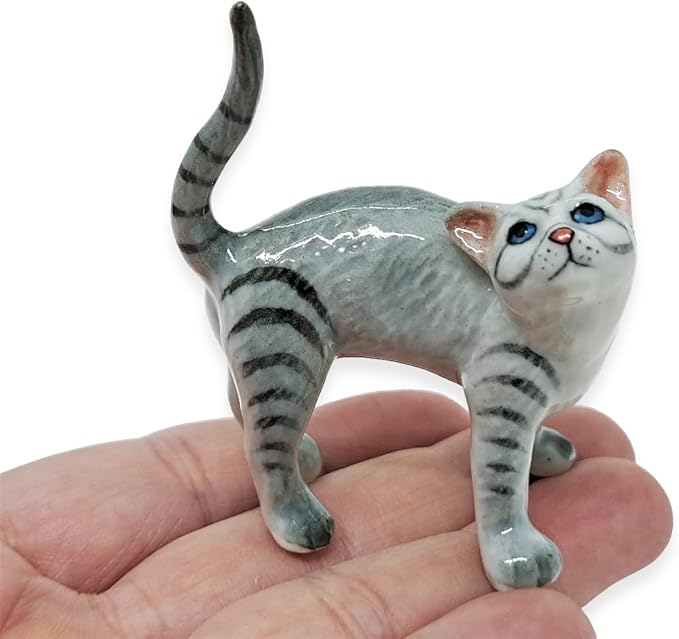 WitnyStore Tiny 2¼" Gray Tabby Shorthair Cat Standing Look Up Figurine - Miniature Hand Made Painted Ceramic Cats Kitten Feline Animal Cute Porcelain Decorative Collectible Figurines Décor Gifts