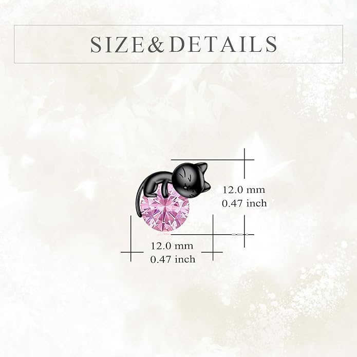 Sterling Silver Birthstone Black Cat Stud Earrings - Cat Birthstone Earrings for Women's Birthday Gift