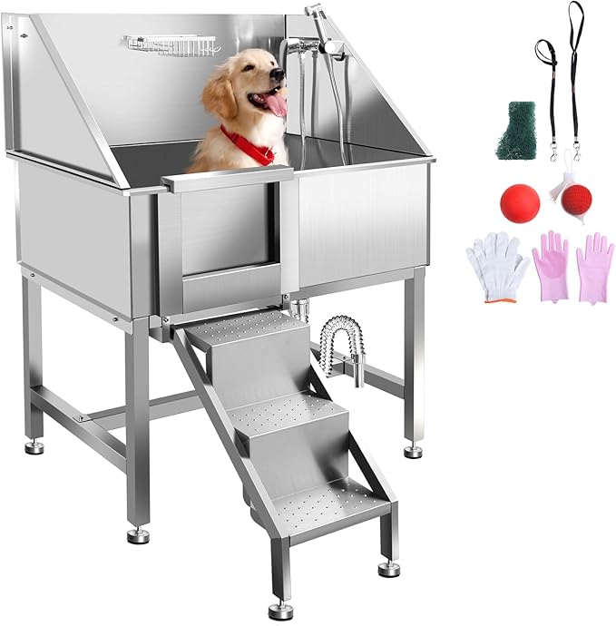 38" Pet Dog Bathing Station W/Stairs, Professional Stainless Steel Dog Grooming Tub W/Soap Box, Faucet,Rich Accessory, Dog Bathtub for Large,Medium,Small Pets, Washing Sink for Home,L-RAMP