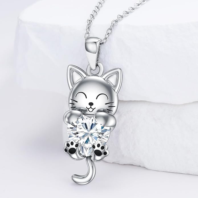 LONAGO Cat Necklace with Heart Birthstone Cat Pendant Necklace Sterling Silver Gifts for Women