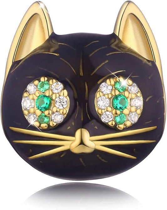 FOREVER QUEEN Black Cat Charm in 925 Sterling Silver with Black Enamel& 5A Zircon for Pandora Bracelet Necklace, Animal Head Bead Charm- Your Lucky Cat Women Men Girls Boys Gifts