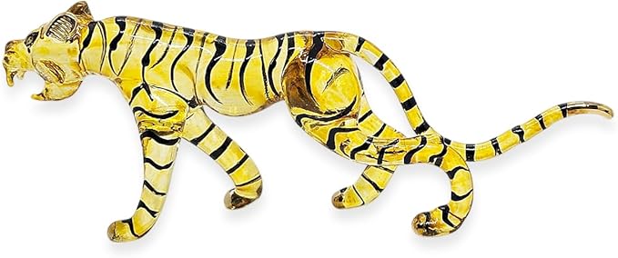 WitnyStore Tiny 8" Long Yellow Black Walking Tiger Roaring Figurine - Miniature Hand Blown Painted Glass Panthera Wild Cat Small Crystal Wildlife Animals Decorative Collectible Figurines Décor Gifts
