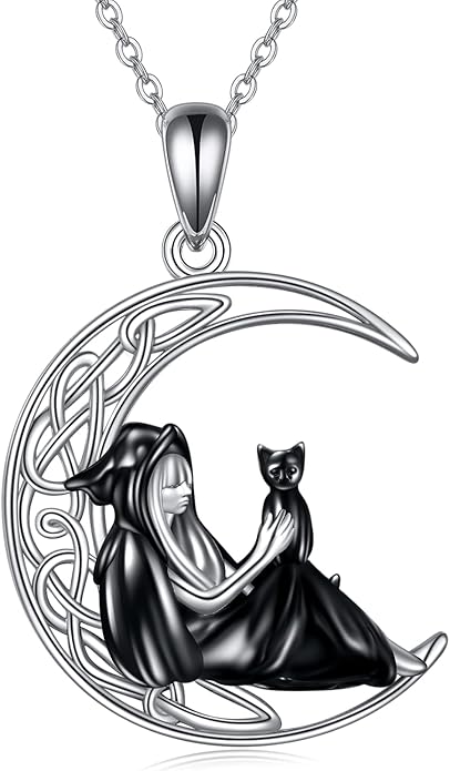Witch Necklace Sterling Silver Witch/Skull Moon Pendant Halloween Jewelry Gifts for Women