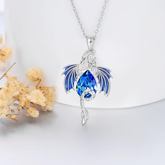 Dragon Necklace for Men Sterling Silver Birthstone Wyvern Necklace Embllished with Teardrop Shaped Crystal Jewelry for Women