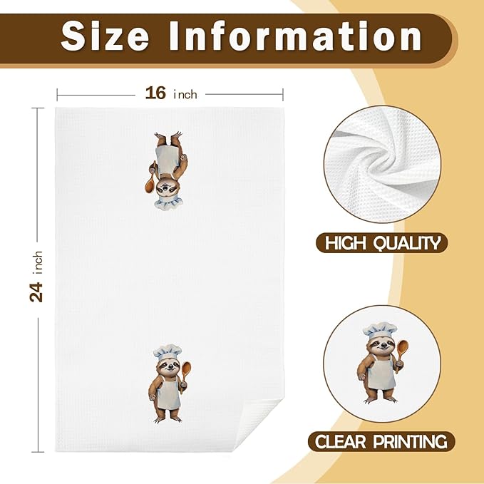 Whimsical Chef Sloth Kitchen Towels, Sloth Lover Gifts Decorative Dish Tea Towels for Kitchen, Cute Animal Kids Hand Towels, 16x24 Inch