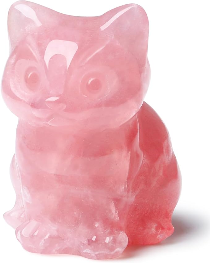 DUQGUHO Rose Quartz Cat Crystal Figurines - Lucky Cute Cat Statue for Room Desk Pink Decor Gifts 1PC