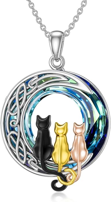TOUPOP Cat Gifts for Cat Lovers 1 2 3 Cats Necklace Sterling Silver Cat on the Moon Pendant Necklace with Blue Circle Crystal Birthday Christmas Celtic Jewelry Gifts for Women