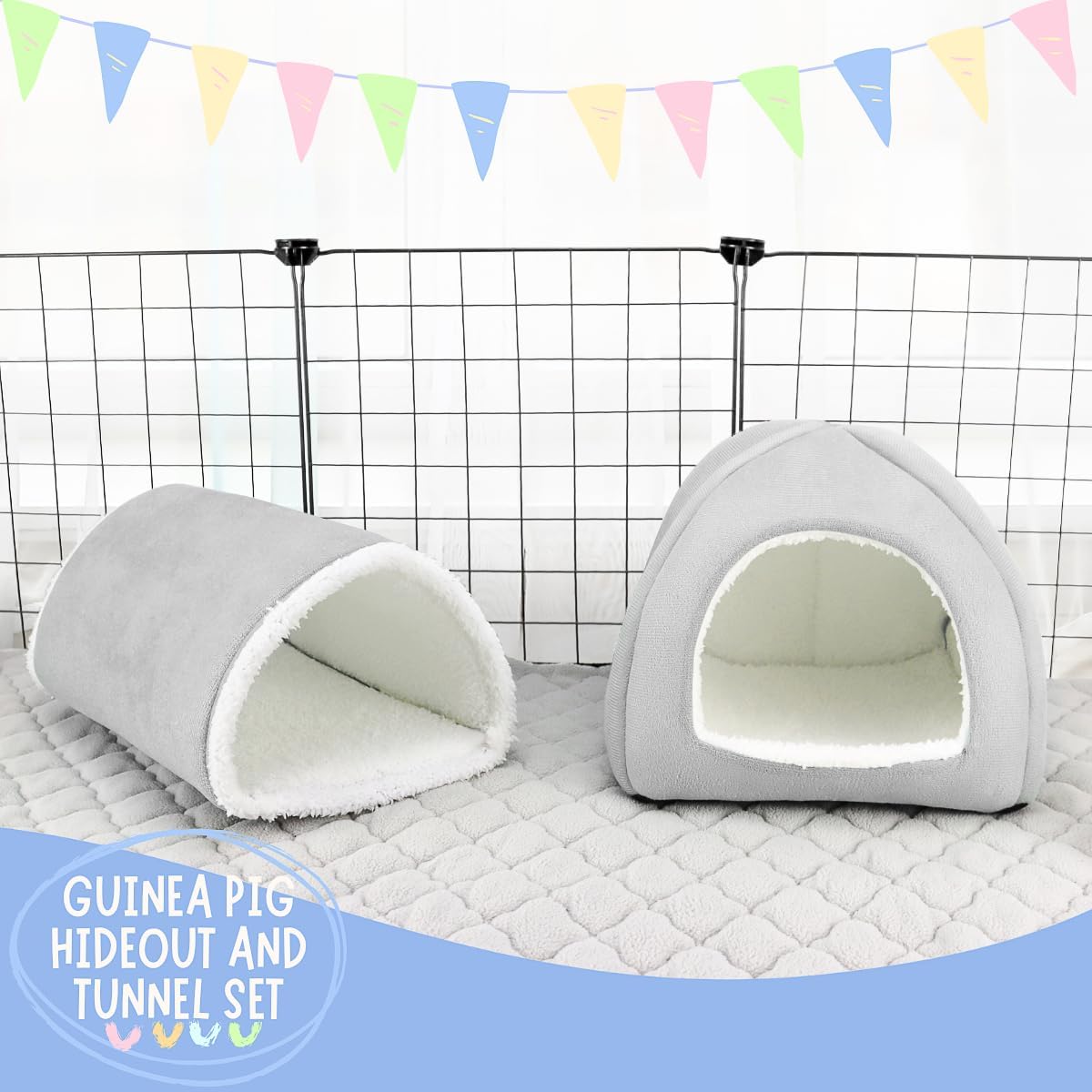 Guinea Pig Hideout and Tunnel Set, Soft Plush Bed & Play Tunnel for Guinea Pigs, Rabbits, Ferrets, Small Animals - Washable Accessories for Resting, Hiding, Exercising
