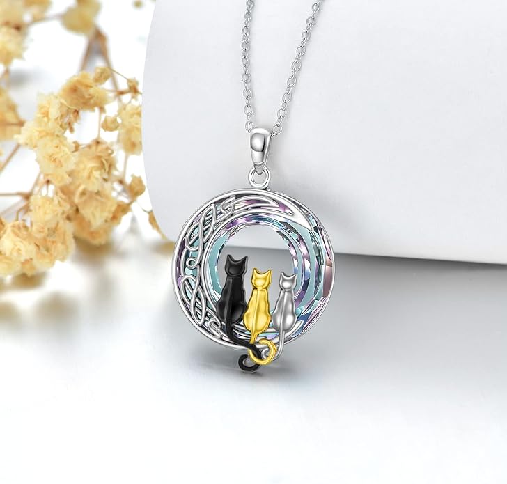 TOUPOP Cat Gifts for Cat Lovers 1 2 3 Cats Necklace Sterling Silver Cat on the Moon Pendant Necklace with Blue Circle Crystal Birthday Christmas Celtic Jewelry Gifts for Women
