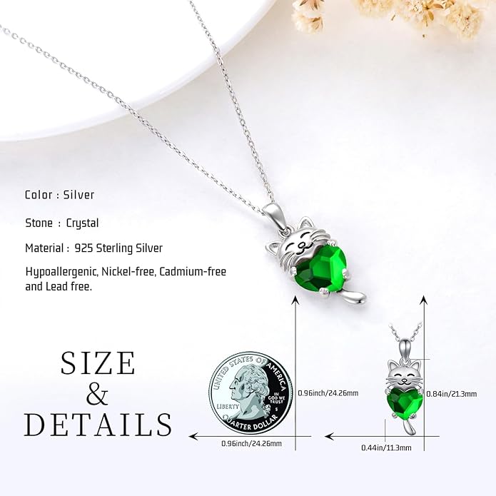 JUSTKIDSTOY Sterling Silver Cute Animal Pendant Necklace with Crystal Cat Pendant - Women's Cat Lovers Jewelry Gift