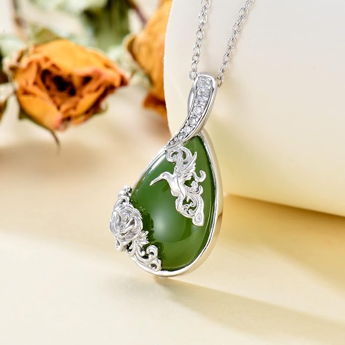 Green Jade Necklace Sterling Silver Teardrop Hummingbird/Dragonfly/Butterfly/Bee/Cat/Cardinal/Owl/Fox/Sloth Natural Jade Jewelry Birthday Mothers Day Christmas Gifts Women Mom Her