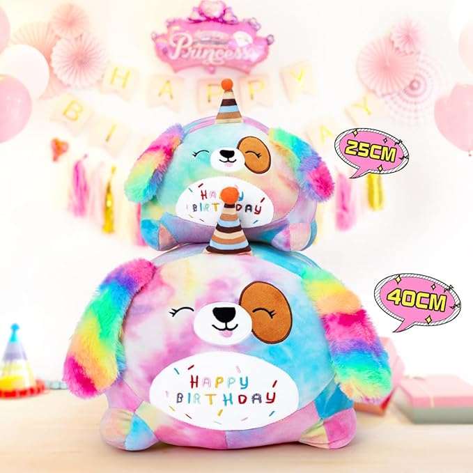 Happy Birthday Dog Plush Toy, Cute Birthday Colorful Puppy Stuffed Animal, Dog Plush Pillow for Girls Kids(Dog, 25cm/9.8inch)