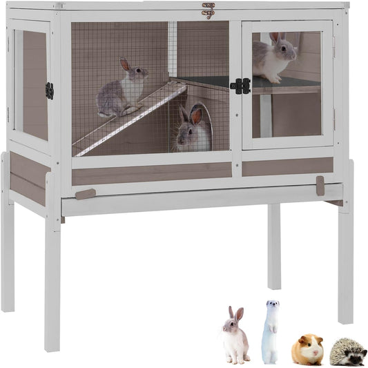 GUTINNEEN Rabbit Hutch Guinea Pig Cages Indoor with Stand Wooden Small Animals Cage Hutch Hamster Cage with Hideout,Pull Out Tray, Anti Chew Ramp(Brown)