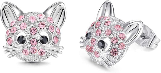 Lanqueen Cute Cat Stud Earrings for Girls Hypoallergenic Cat Cubic Zirconia Earrings for Women Teens Girls