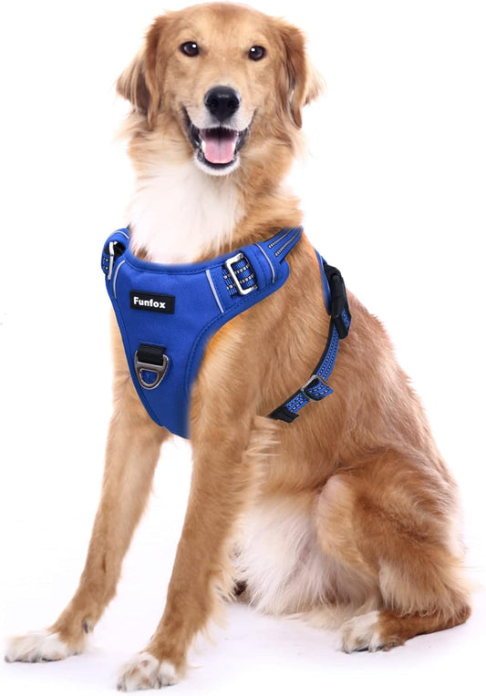 Funfox Dog Harness No Pull, Adjustable Pet Vest Harness, Super Soft Material with Vertical Handle Easy Control, Reflective Night Walking, 2 Leash Clips for XLarge Dogs, Blue, XL