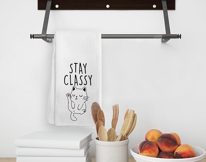 Funny Kitchen Towels, Cute Kitchen Dish Towel, Stay Classy, Dish Towels Gifts for Cat Lovers, Hand Towels for Bathroom, 16 x 24 inches