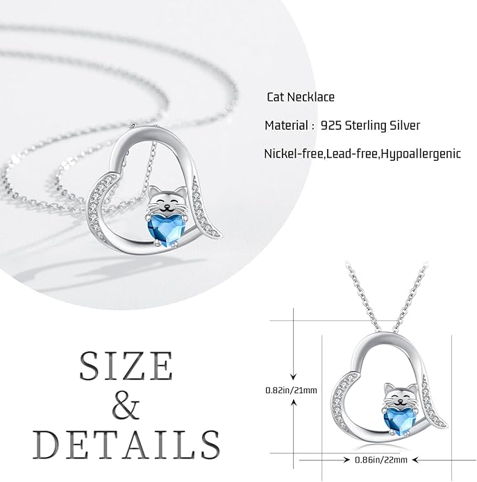 JUSTKIDSTOY Sterling Silver Cute Animal Pendant Necklace with Crystal Cat Pendant - Women's Cat Lovers Jewelry Gift