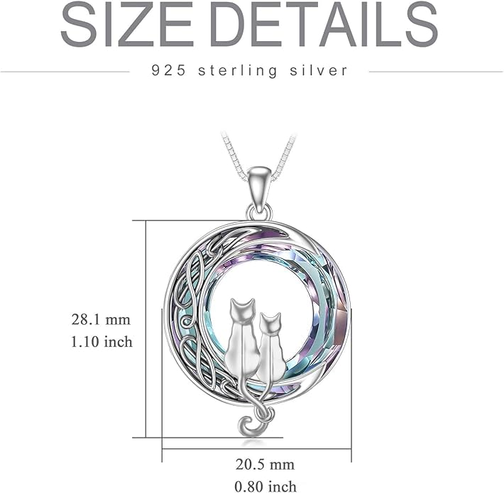TOUPOP Cat Gifts for Cat Lovers 1 2 3 Cats Necklace Sterling Silver Cat on the Moon Pendant Necklace with Blue Circle Crystal Birthday Christmas Celtic Jewelry Gifts for Women