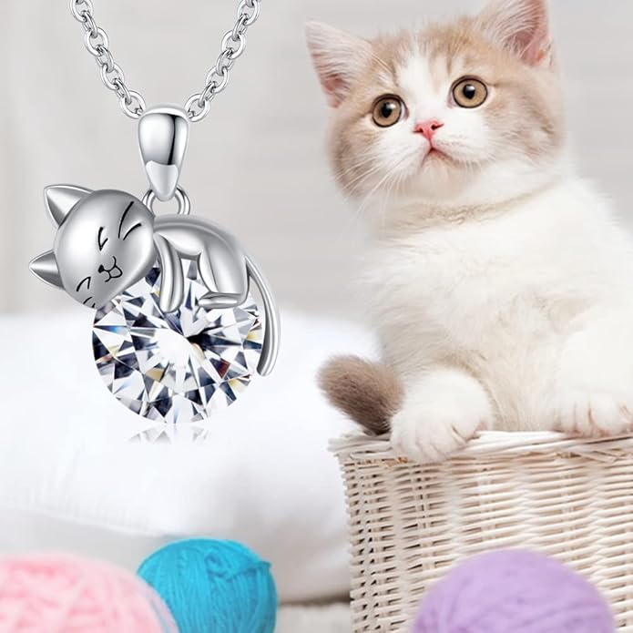 LONAGO Cat Necklace with Birthstone 925 Sterling Silver Cat Pendant Necklace Gift for Women