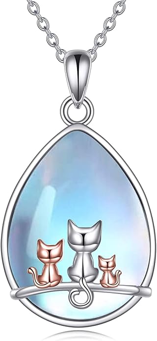 POPLYKE Cat/Family Cat Necklace for Women 925 Sterling Silver Celtic Moon Cat Wiccan Jewelry for Wife