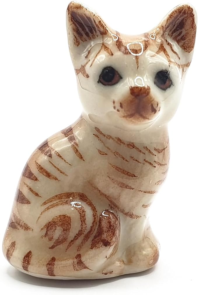 WitnyStore Tiny 1" Brown Tabby Shorthair Cat Sitting Look Right Figurine - Miniature Hand Made Painted Ceramic Cats Kitten Feline Animal Cute Porcelain Decorative Collectible Figurines Décor Gifts