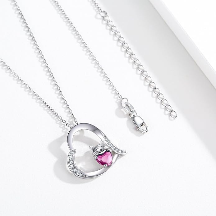 JUSTKIDSTOY Sterling Silver Cute Animal Pendant Necklace with Crystal Cat Pendant - Women's Cat Lovers Jewelry Gift