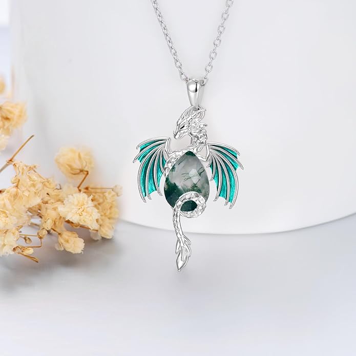 Dragon Necklace for Men Sterling Silver Birthstone Wyvern Necklace Embllished with Teardrop Shaped Crystal Jewelry for Women