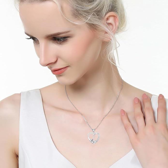 LONAGO Cat Heart Necklace with Initial Silver Cat Initial Necklace 26 Alphabets Cat Jewelry Gift for Women