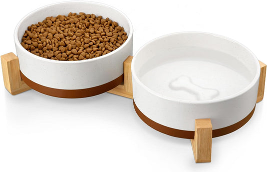 MALACASA Ceramic Dog Bowls, Dog Bowls for Medium Sized Dogs with Wood Stand - Pet Food & Water Bowl Set for Cat Medium Dogs, Weighted Glaze Matte.34 OZ (M-3.5 Cups)