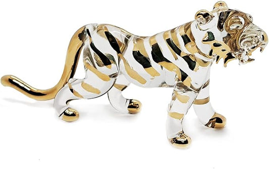 WitnyStore Tiny 6¼" Long Clear Gold Standing Tiger Roaring Figurine - Miniature Hand Blown Painted Glass Panthera Wild Cat Small Crystal Wildlife Animals Decorative Collectible Figurines Décor Gifts
