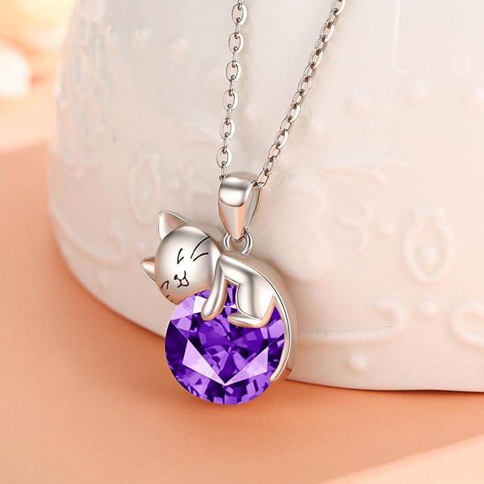 LONAGO Cat Necklace with Birthstone 925 Sterling Silver Cat Pendant Necklace Gift for Women