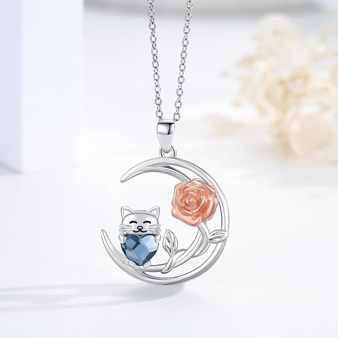 JUSTKIDSTOY Sterling Silver Cute Animal Pendant Necklace with Crystal Cat Pendant - Women's Cat Lovers Jewelry Gift