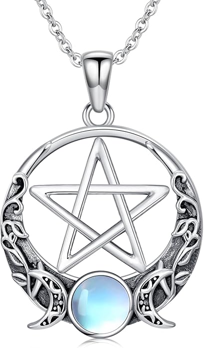 Witch Necklace 925 Sterling Silver Pentagram Triple Moon Pentacle Pendant Wiccan Pagan Jewelry Witchy Gifts for Women