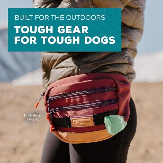 Wilderdog Utility Fanny Pack stores Treats, Balls, Keys in 3 Pockets with adjustable strap and Poop Bag dispenser (Huckleberry)
