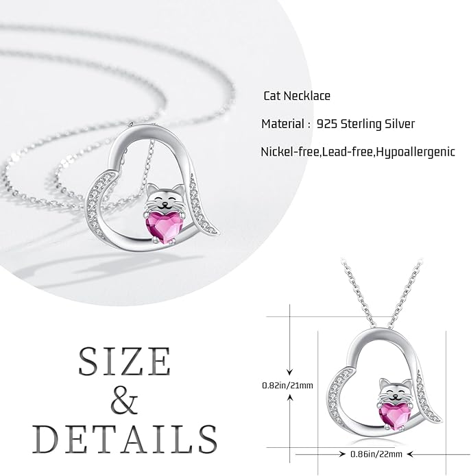 JUSTKIDSTOY Sterling Silver Cute Animal Pendant Necklace with Crystal Cat Pendant - Women's Cat Lovers Jewelry Gift