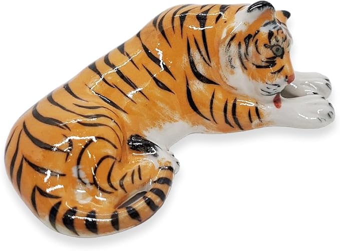 WitnyStore Tiny 2¼" Orange Tiger Licking Leg Figurine - Miniature Hand Made Ceramic Panthera Wild Cats Lion Jaguar Leopard Panthers Animals Small Porcelain Decorative Collectible Figures Décor Gifts