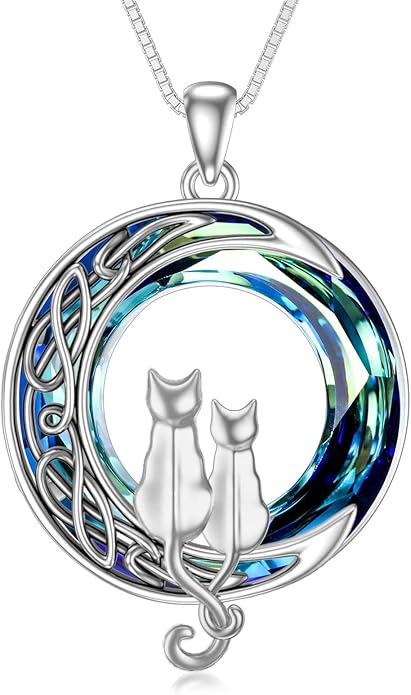 TOUPOP Cat Gifts for Cat Lovers 1 2 3 Cats Necklace Sterling Silver Cat on the Moon Pendant Necklace with Blue Circle Crystal Birthday Christmas Celtic Jewelry Gifts for Women