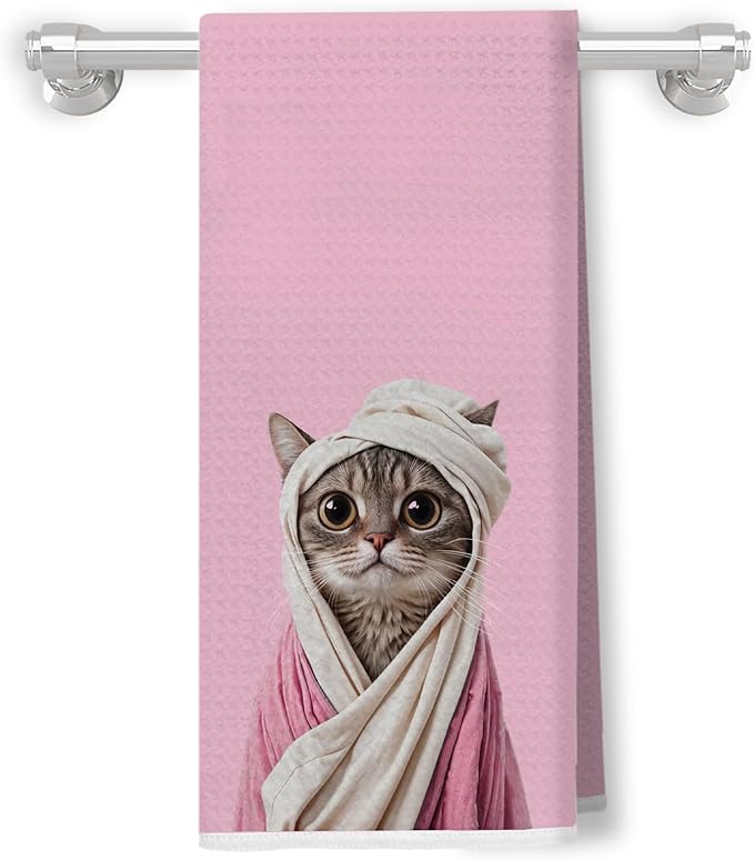 Pink Bathrobe Cat Bathroom Hand Towels, Cat Lover Mom Lady Gifts, Cute Animal Kitty Kitten Decorative Hand Towels for Bathroom, Funny Cats Kitchen Towels, 16x24 Inch