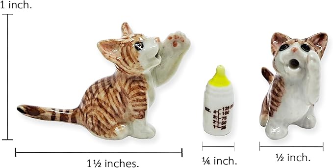 WitnyStore Tiny 1½" Brown White Tabby Shorthair Cat Drinking Baby Bottle Figurine - Miniature Hand Made Painted Ceramic Cats Kitten Animal Cute Porcelain Decorative Collectible Figurines Décor Gifts