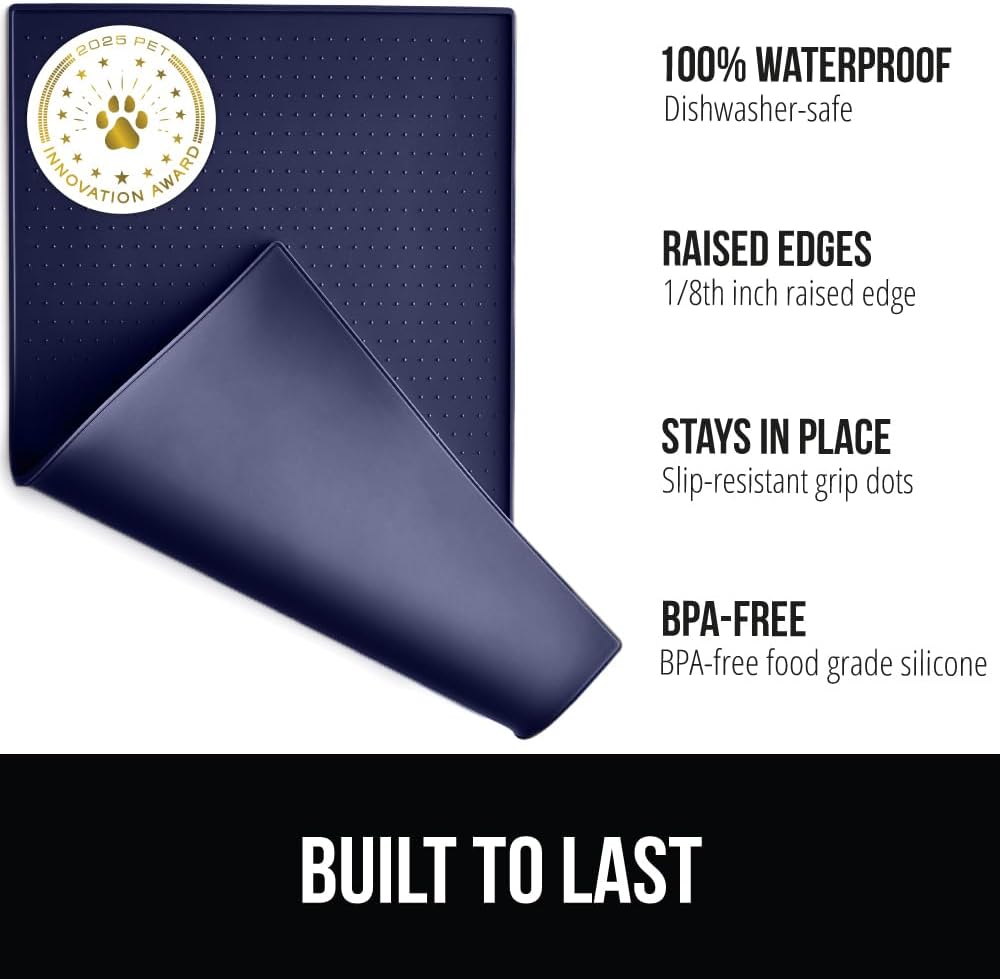 GORILLA GRIP 100% Waterproof Raised Edge BPA Free Silicone Pet Feeding Mat, Dog Cat Food Mats Contain Spills Protects Floors, Placemats for Cats and Dogs Water Bowl, Pets Accessories 32x24 Navy