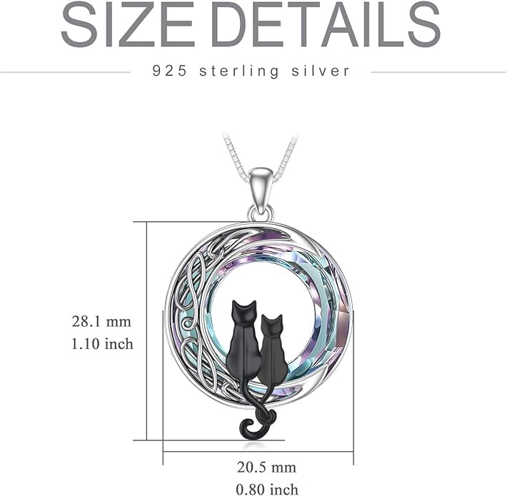 TOUPOP Cat Gifts for Cat Lovers 1 2 3 Cats Necklace Sterling Silver Cat on the Moon Pendant Necklace with Blue Circle Crystal Birthday Christmas Celtic Jewelry Gifts for Women