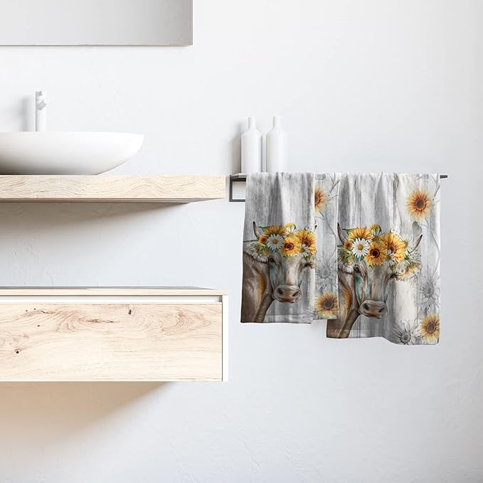 Vintage Sunflower Hand Towel Set of 2 Farm Cow Face Towels Cotton Soft Absorbent Kitchen Dishcloth Washcloths for Bathroom Home Gym