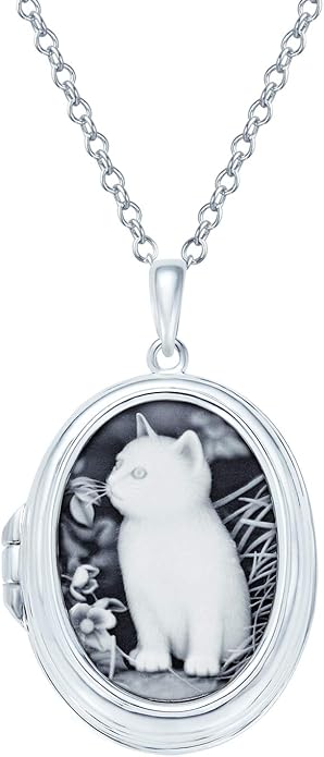 Personalized Custom Engraved Holds Picture Vintage Antique Style Simulated Black White Onyx Sitting Kitten Oval Cat Cameo Photo Locket Pendant Necklace For Women Teen .925 Sterling Silver