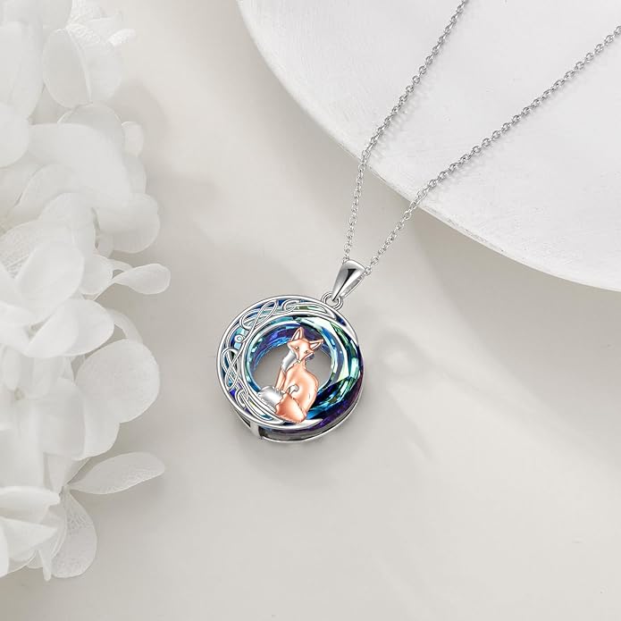 925 Sterling Silver Celtic Crescent Moon Animal Necklace for Women Fox/Black Cat/Hummingbird Crystal/Abalone Shell Pendant Jewelry Gift for Mom Daughter